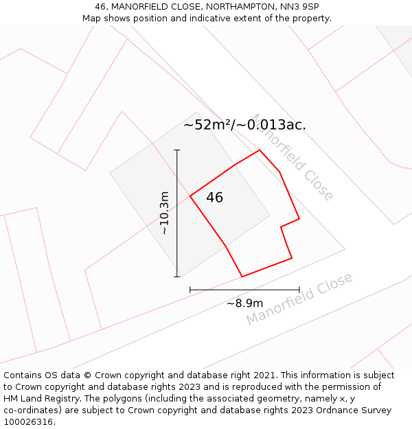 46, MANORFIELD CLOSE, NORTHAMPTON, NN3 9SP: Plot and title map