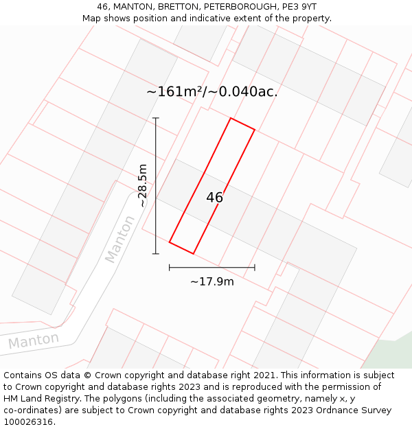 46, MANTON, BRETTON, PETERBOROUGH, PE3 9YT: Plot and title map
