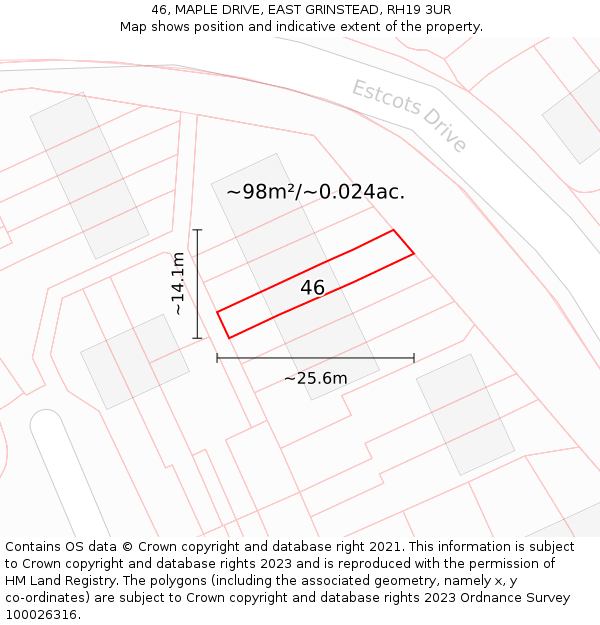 46, MAPLE DRIVE, EAST GRINSTEAD, RH19 3UR: Plot and title map