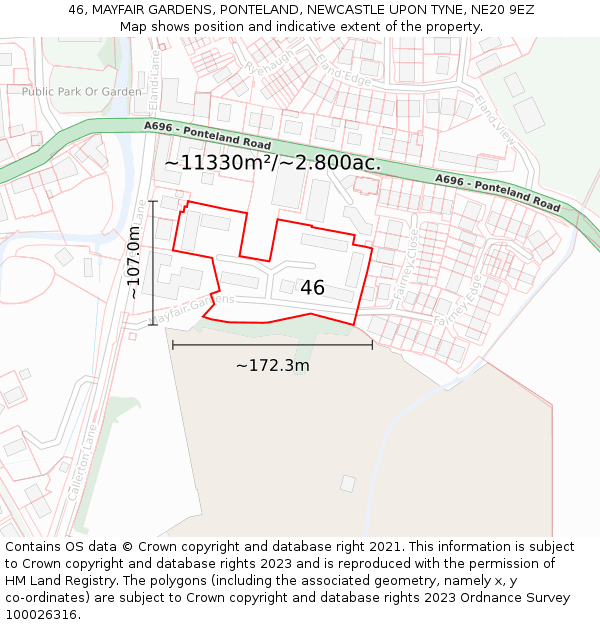 46, MAYFAIR GARDENS, PONTELAND, NEWCASTLE UPON TYNE, NE20 9EZ: Plot and title map
