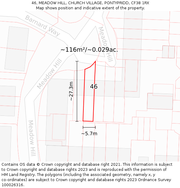 46, MEADOW HILL, CHURCH VILLAGE, PONTYPRIDD, CF38 1RX: Plot and title map