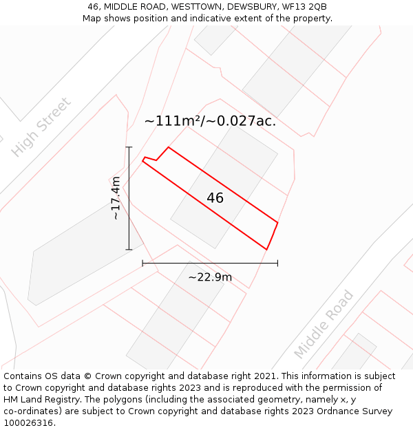 46, MIDDLE ROAD, WESTTOWN, DEWSBURY, WF13 2QB: Plot and title map