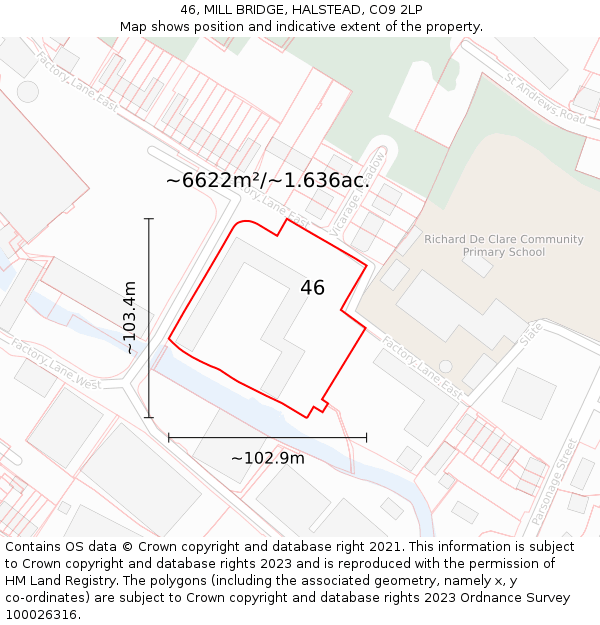 46, MILL BRIDGE, HALSTEAD, CO9 2LP: Plot and title map