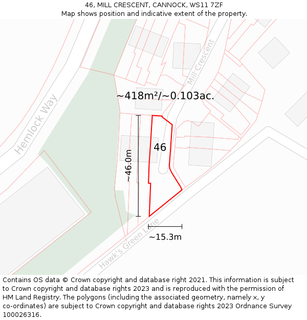 46, MILL CRESCENT, CANNOCK, WS11 7ZF: Plot and title map