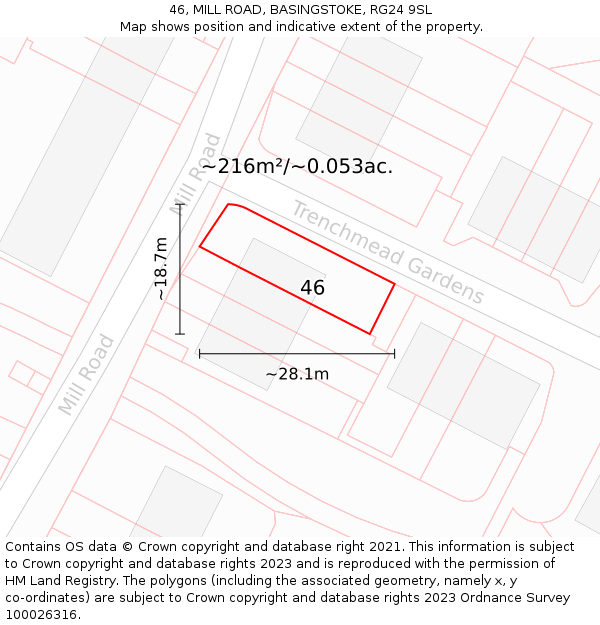 46, MILL ROAD, BASINGSTOKE, RG24 9SL: Plot and title map