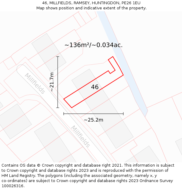 46, MILLFIELDS, RAMSEY, HUNTINGDON, PE26 1EU: Plot and title map