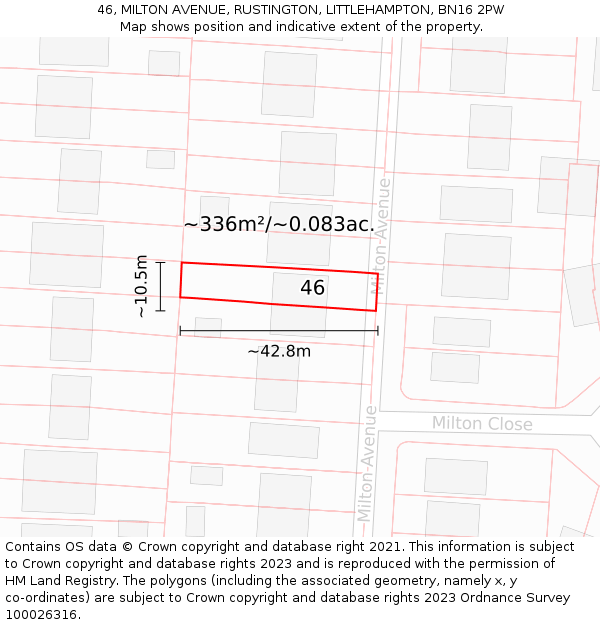 46, MILTON AVENUE, RUSTINGTON, LITTLEHAMPTON, BN16 2PW: Plot and title map