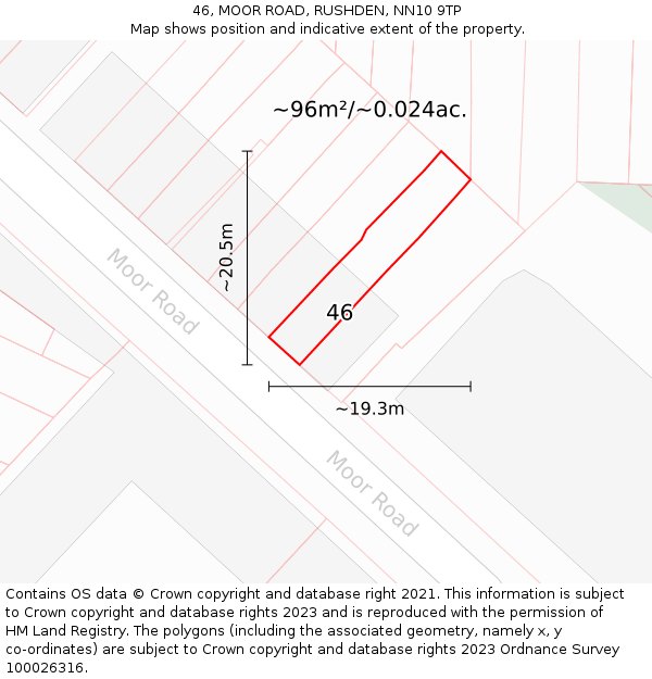 46, MOOR ROAD, RUSHDEN, NN10 9TP: Plot and title map