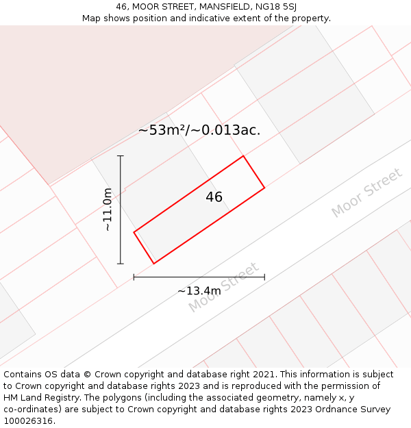 46, MOOR STREET, MANSFIELD, NG18 5SJ: Plot and title map