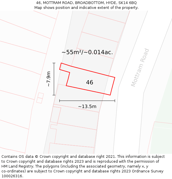 46, MOTTRAM ROAD, BROADBOTTOM, HYDE, SK14 6BQ: Plot and title map