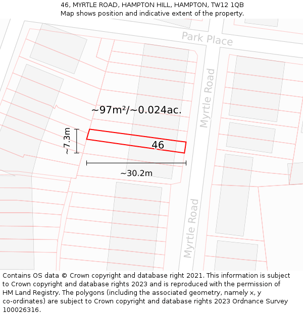 46, MYRTLE ROAD, HAMPTON HILL, HAMPTON, TW12 1QB: Plot and title map