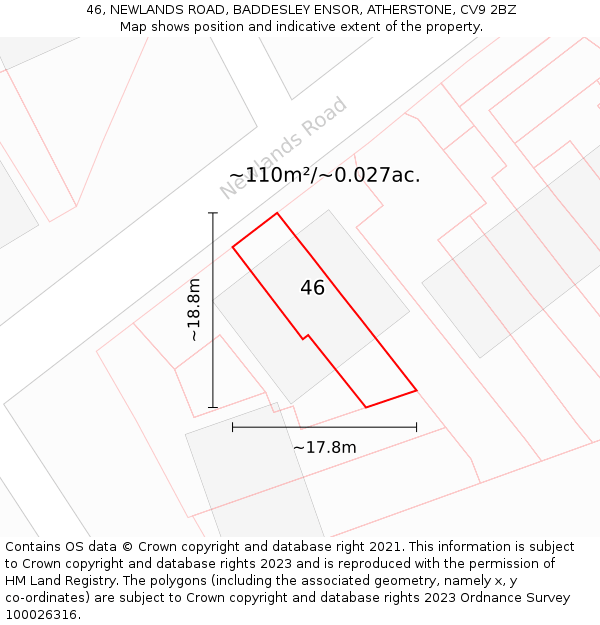 46, NEWLANDS ROAD, BADDESLEY ENSOR, ATHERSTONE, CV9 2BZ: Plot and title map