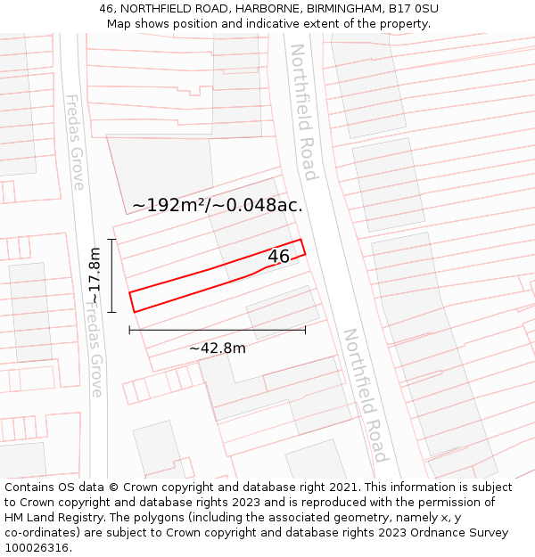 46, NORTHFIELD ROAD, HARBORNE, BIRMINGHAM, B17 0SU: Plot and title map