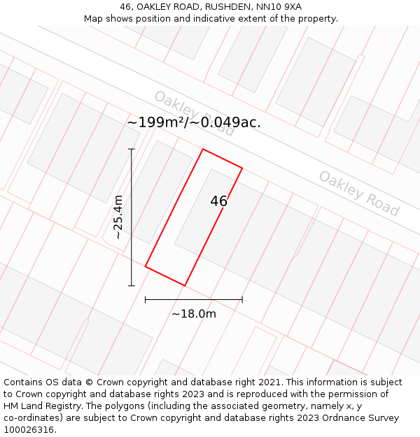 46, OAKLEY ROAD, RUSHDEN, NN10 9XA: Plot and title map