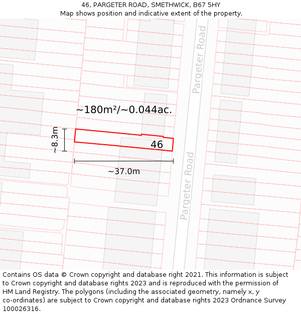 46, PARGETER ROAD, SMETHWICK, B67 5HY: Plot and title map