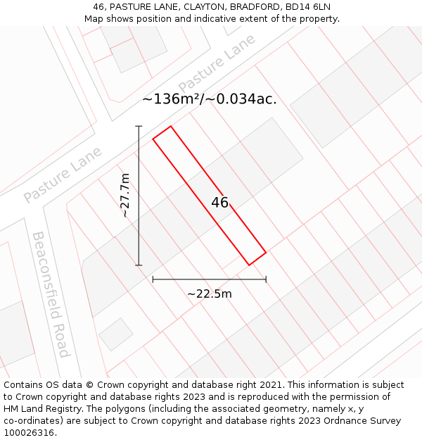 46, PASTURE LANE, CLAYTON, BRADFORD, BD14 6LN: Plot and title map