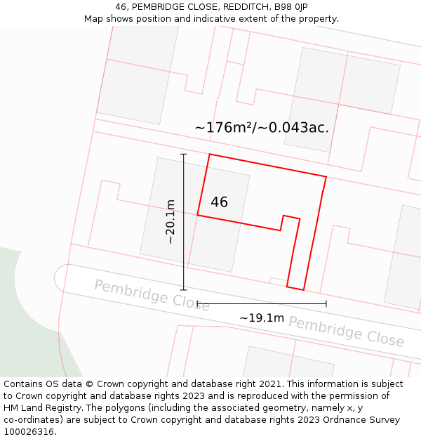 46, PEMBRIDGE CLOSE, REDDITCH, B98 0JP: Plot and title map