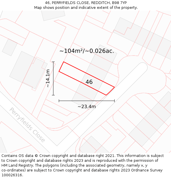 46, PERRYFIELDS CLOSE, REDDITCH, B98 7YP: Plot and title map