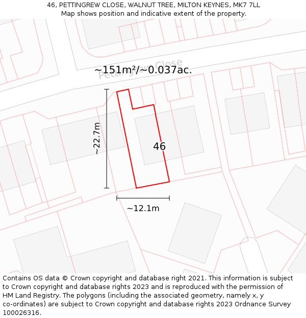 46, PETTINGREW CLOSE, WALNUT TREE, MILTON KEYNES, MK7 7LL: Plot and title map