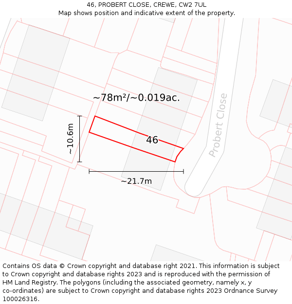 46, PROBERT CLOSE, CREWE, CW2 7UL: Plot and title map