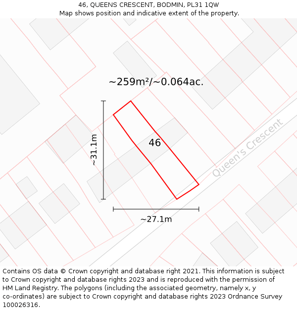 46, QUEENS CRESCENT, BODMIN, PL31 1QW: Plot and title map
