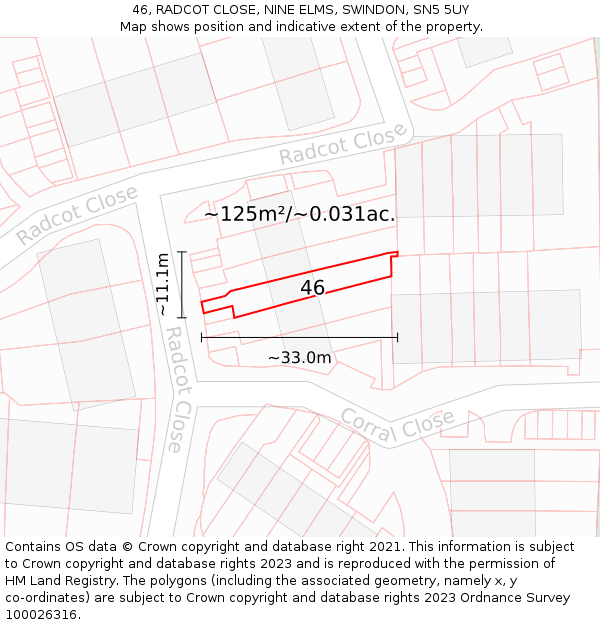 46, RADCOT CLOSE, NINE ELMS, SWINDON, SN5 5UY: Plot and title map