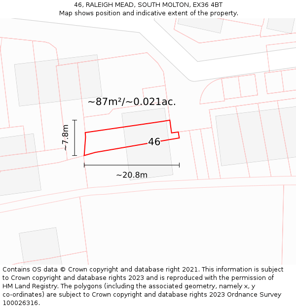 46, RALEIGH MEAD, SOUTH MOLTON, EX36 4BT: Plot and title map