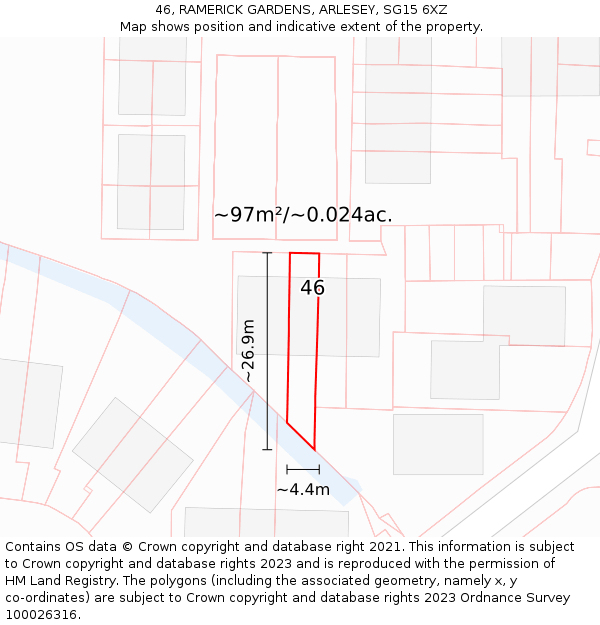 46, RAMERICK GARDENS, ARLESEY, SG15 6XZ: Plot and title map