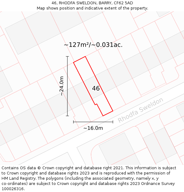 46, RHODFA SWELDON, BARRY, CF62 5AD: Plot and title map