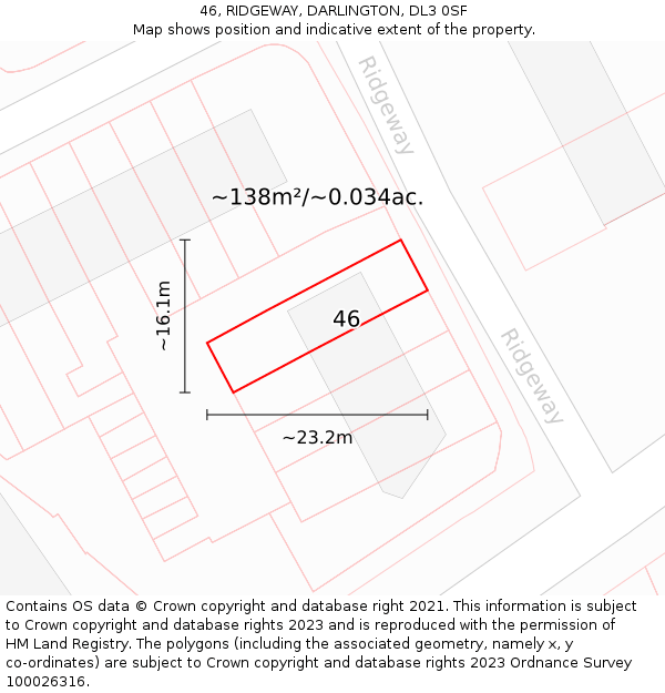46, RIDGEWAY, DARLINGTON, DL3 0SF: Plot and title map