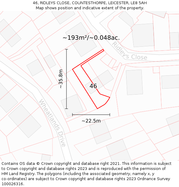 46, RIDLEYS CLOSE, COUNTESTHORPE, LEICESTER, LE8 5AH: Plot and title map