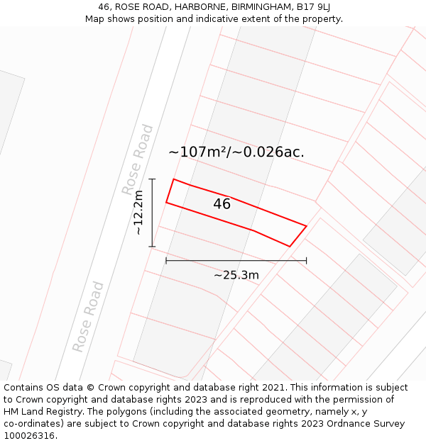 46, ROSE ROAD, HARBORNE, BIRMINGHAM, B17 9LJ: Plot and title map