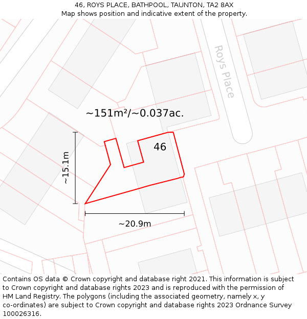 46, ROYS PLACE, BATHPOOL, TAUNTON, TA2 8AX: Plot and title map