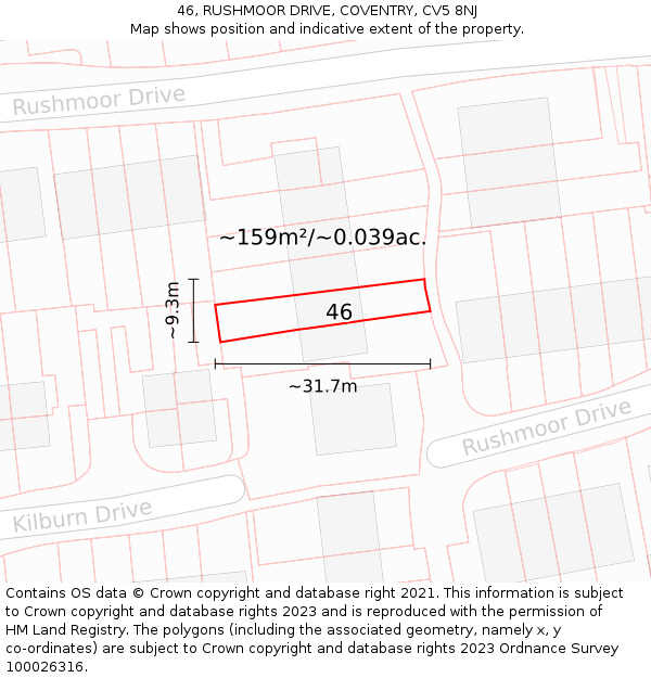 46, RUSHMOOR DRIVE, COVENTRY, CV5 8NJ: Plot and title map