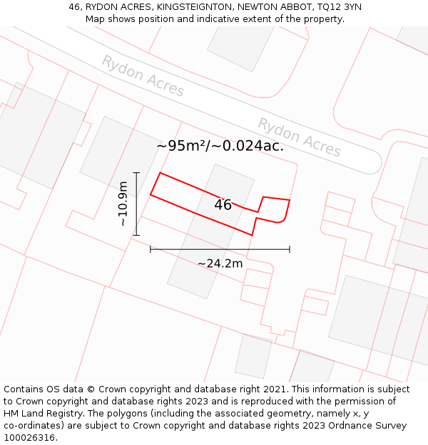 46, RYDON ACRES, KINGSTEIGNTON, NEWTON ABBOT, TQ12 3YN: Plot and title map