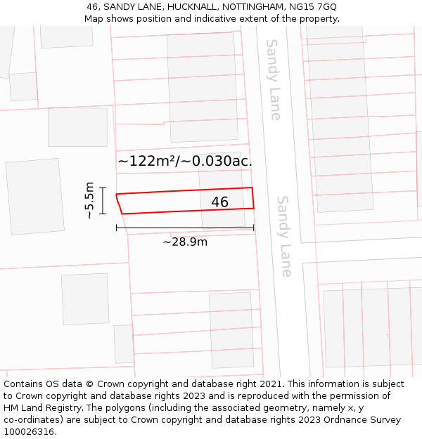 46, SANDY LANE, HUCKNALL, NOTTINGHAM, NG15 7GQ: Plot and title map