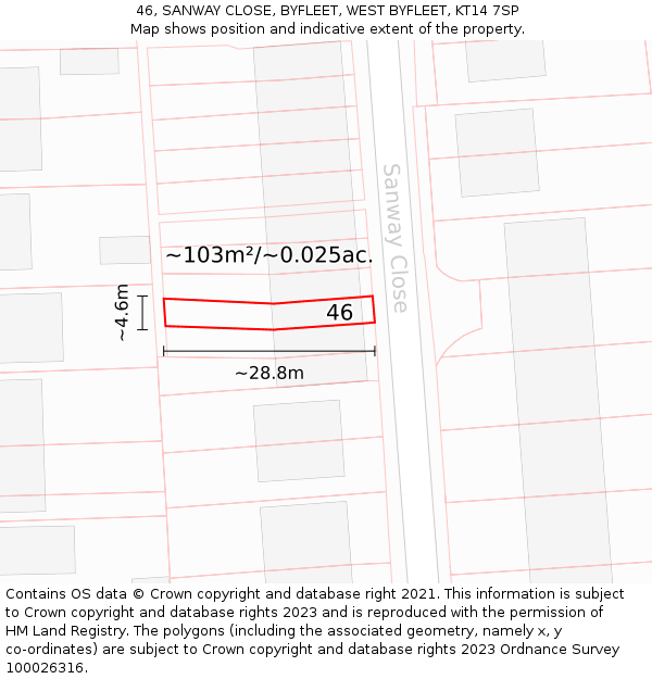 46, SANWAY CLOSE, BYFLEET, WEST BYFLEET, KT14 7SP: Plot and title map