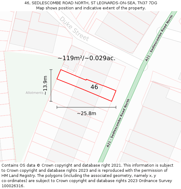 46, SEDLESCOMBE ROAD NORTH, ST LEONARDS-ON-SEA, TN37 7DG: Plot and title map