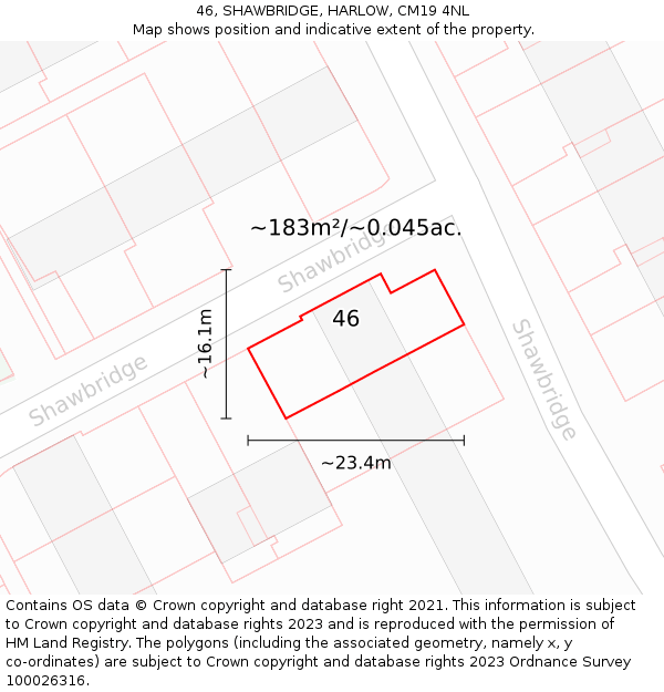 46, SHAWBRIDGE, HARLOW, CM19 4NL: Plot and title map