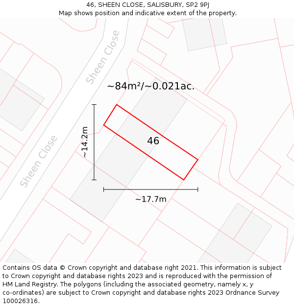 46, SHEEN CLOSE, SALISBURY, SP2 9PJ: Plot and title map