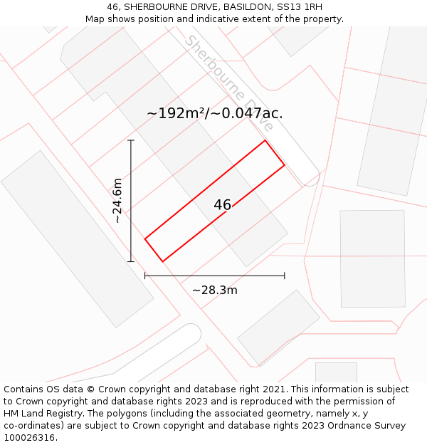 46, SHERBOURNE DRIVE, BASILDON, SS13 1RH: Plot and title map