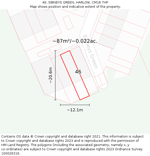 46, SIBNEYS GREEN, HARLOW, CM18 7HP: Plot and title map
