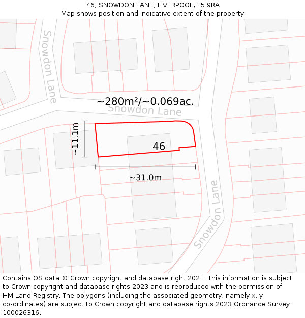 46, SNOWDON LANE, LIVERPOOL, L5 9RA: Plot and title map