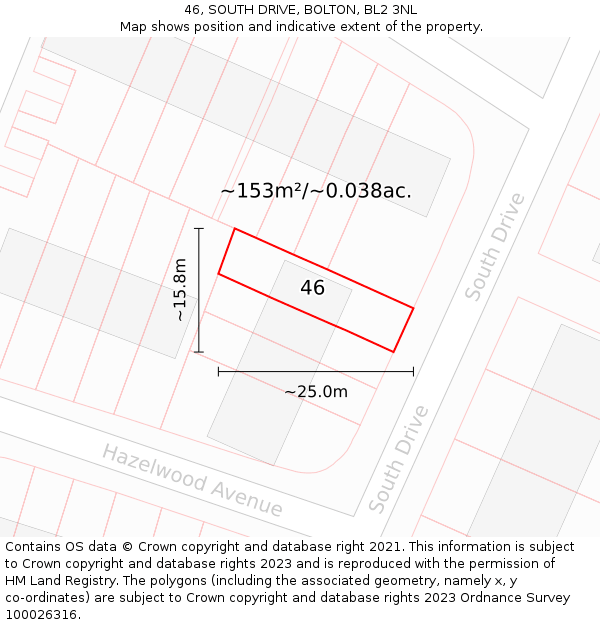 46, SOUTH DRIVE, BOLTON, BL2 3NL: Plot and title map