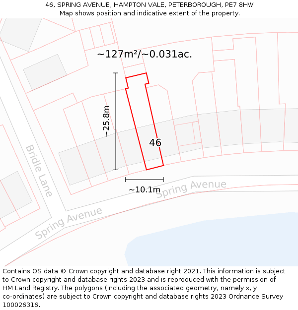 46, SPRING AVENUE, HAMPTON VALE, PETERBOROUGH, PE7 8HW: Plot and title map