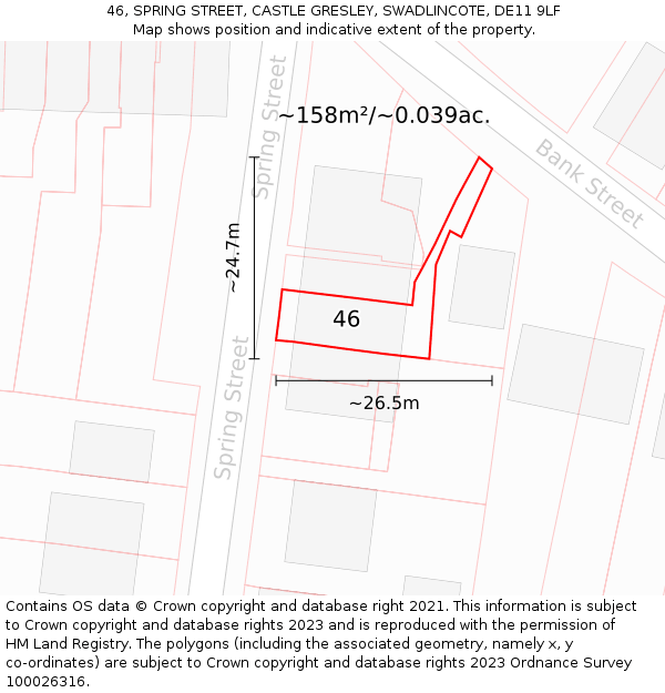 46, SPRING STREET, CASTLE GRESLEY, SWADLINCOTE, DE11 9LF: Plot and title map