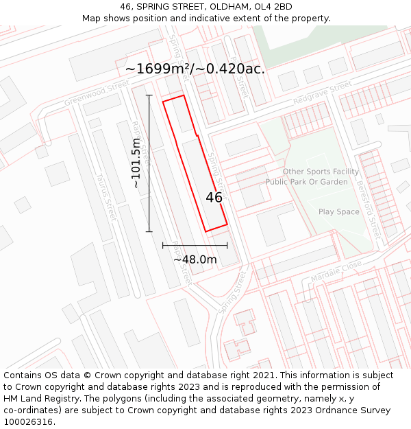 46, SPRING STREET, OLDHAM, OL4 2BD: Plot and title map