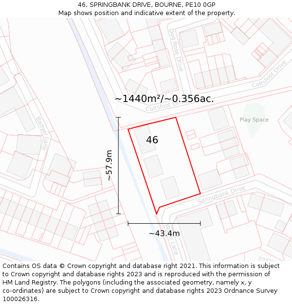 46, SPRINGBANK DRIVE, BOURNE, PE10 0GP: Plot and title map