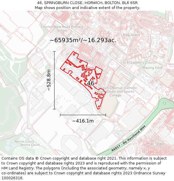 46, SPRINGBURN CLOSE, HORWICH, BOLTON, BL6 6SR: Plot and title map