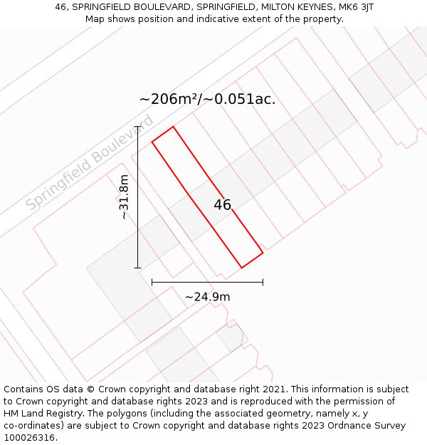 46, SPRINGFIELD BOULEVARD, SPRINGFIELD, MILTON KEYNES, MK6 3JT: Plot and title map